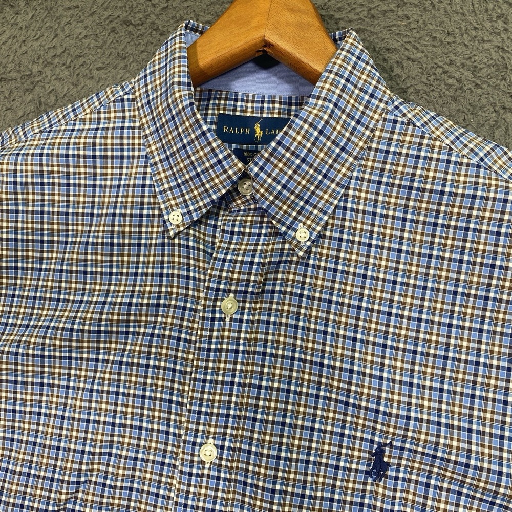 Ralph Lauren Button Down Shirt Mens Medium Blue Brown Plaid Poplin Classic Pony